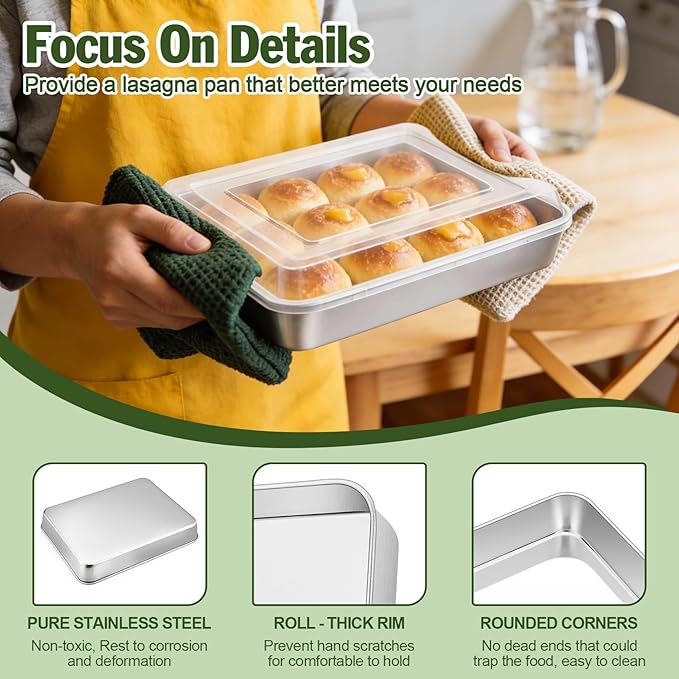 TeamFar Rectangular Cake Pans with Lids, 10.5’’ x 8’’ x 2’’ Stainless Steel Lasagna Brownie Pan For Baking Roasting, Healthy & Solid, Brushed Surface & Dishwasher Safe, (2 Pans+2 Lids)