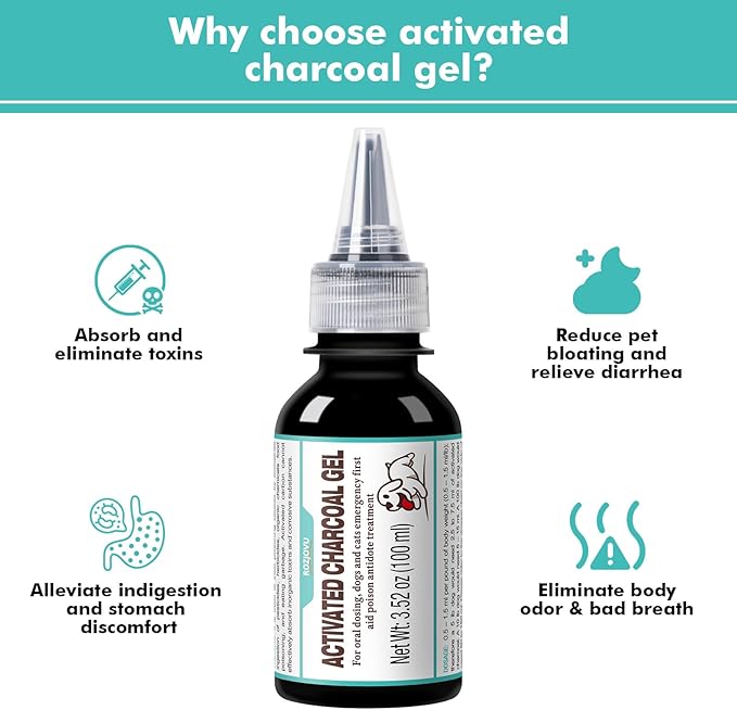 100 ml Activated Charcoal Gel for Dogs for Poisoning, Dog First Aid Activated Charcoal, Ready Rescue for Dogs, Quickly Absorbs Toxins, Supports Diarrhea & Gas Relief