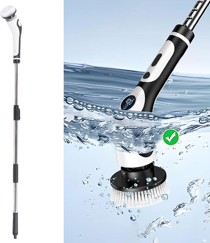 Multi-Functional Electric Spin Scrubber, New Cordless 2 Speed Cleaning Brush Bathroom Scrubber, IPX7 Waterproof Shower Scrubber with 9 Brush Heads, Extendable Long Handle