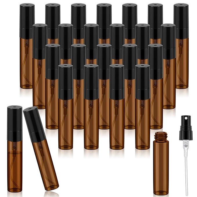Zhehao 25 Pcs Mini Spray Bottles 5 ml Clear Glass Perfume Bottles Refillable Fine Mist Perfume Atomizer Portable Empty Sample Containers for Cleaning, Essential Oils, Travel (Amber)