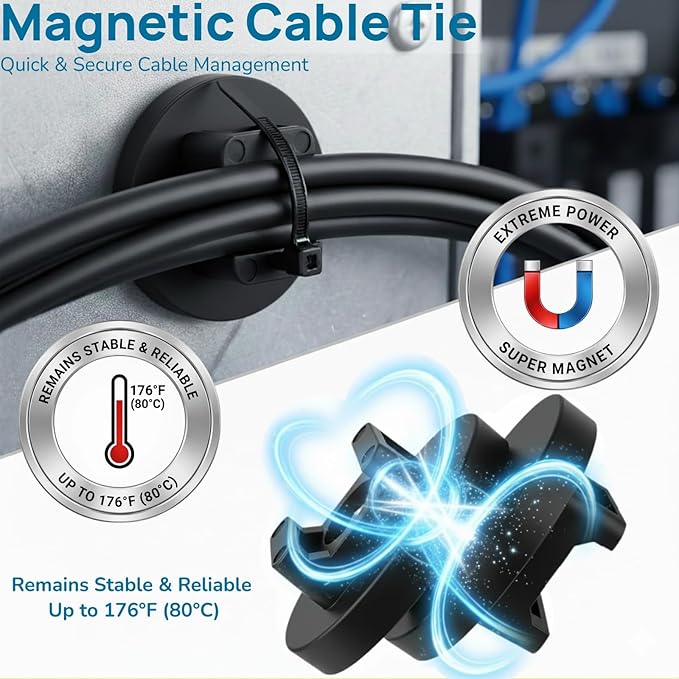 Magnetic Zip Tie Mount Set, 25 Magnetic Cable Tie Mounts with 200 Cable Ties, Strong Wire Management Cables Holder, Multipurpose Electrical Cord Management Cord Holders Organizer (43mm)