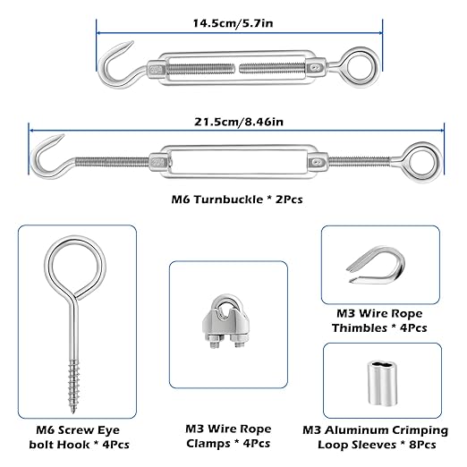 TooTaci 1/8 Stainless Steel Cable, 50ft 1/8 Steel Wire Rope Heavy Duty with M6 Turnbuckle for Cables Wire, 7×7 Strands Aircraft Cable for Deck Railing, Fences, Anti Sag Gate Kit