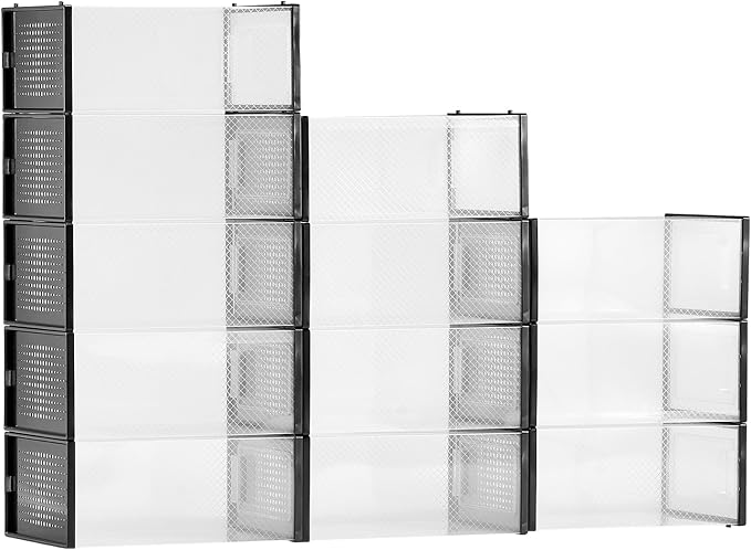 VEVOR Shoe Storage Boxes, 12 Pack Stackable Shoe Boxes Storage Organizers, Fit up to US Size 11, Plastic Modular Space Saving Sneaker Containers for Storing High Heels, Boots, and Hats, Black Frame