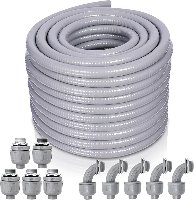 Liquid-Tight Conduit and Connector Kit - 1/2 Inch 75 FT Non Metallic Liquid Tight Electrical Conduit with 5 Straight and 5 Angle Fittings