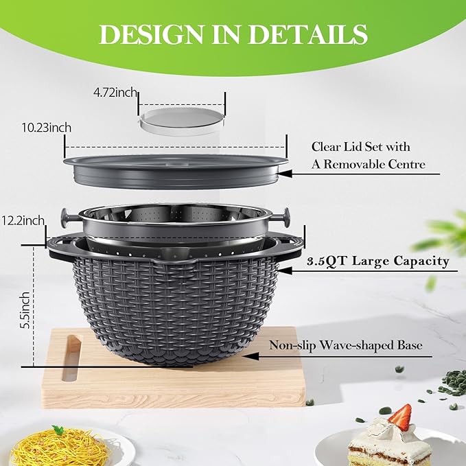 4-1 Colander with Mixing Bowl Set - Strainer With Bowl, Pasta And Rice Strainer, Strainer And Colanders, Fruit Cleaner, Veggie Wash, Salad Spinner, Apartment Essentials Kitchen Gadgets - Grey