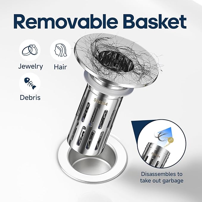 Pop Up Sink Drain Strainer, Bathroom Sink Drain Stopper with Removable Stainless Steel Drain Hair Catcher Basket, Universal Bathroom Sink Stopper Replacement, Drain Plug Filter (2PCS New)