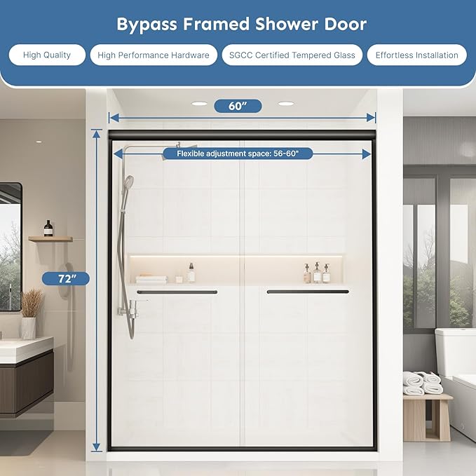 56-60 in. W x 72 in. H Double Sliding Shower Door, Semi-Frameless Bypasss Bathroom Glass Shower Doors, 6mm (1/4") Tempered Glass Door for Walk-in Shower, Stainless Steel Rollers & Handle, Matte Black