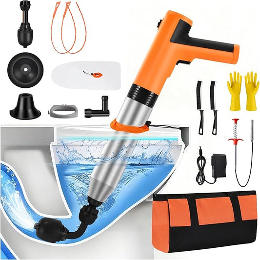 Electric Toilet Plunger, High Pressure Toilet Snake Drain Clog Remover, Splash-free Unclogger with Drain Snake Auger, Plungers for Bathroom Heavy Duty, Versatile Air Blaster Unclogger Kit (Orange)
