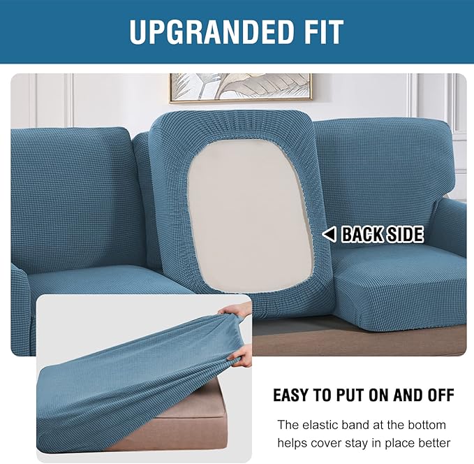H.VERSAILTEX Multi-Pieces Chair Covers Stretch Couch Covers Form Fitted Seat and Back Cushions Covers (1 Seat Cover Plus 1 Back Cusion Cover, Bonus 2 Armrest Covers), Dusty Blue