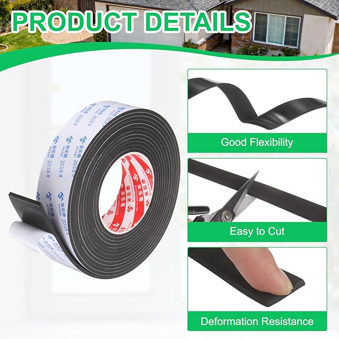 PATIKIL 4Roll Sponge Rubber Foam Tape, 1 9/16" W x 1/8" t x 16.4ft l Self-Adhesive Foam Insulation Tape Weather Stripping for Window Door Soundproofing Weatherstrip AC Seal Strip, Black