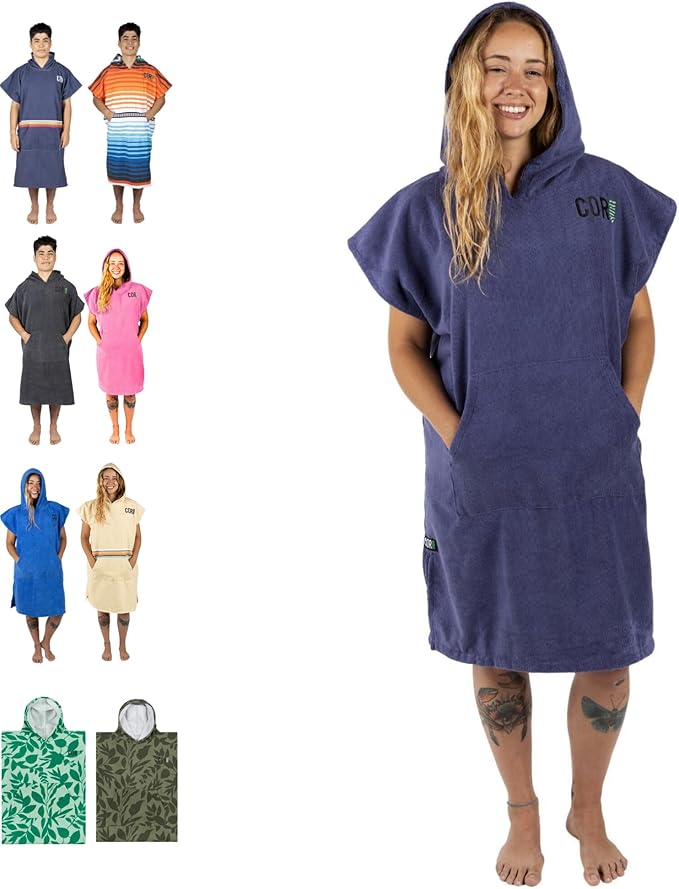 COR Surf Poncho Changing Towel Robe with Hood and Front Pocket | Thick Quick Dry Microfiber Wetsuit Poncho Towel for Surfing Beach Pool Swim (Medium, Cobalt)