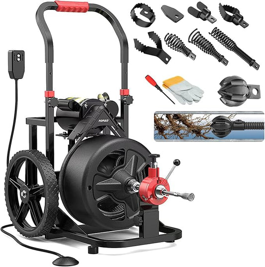 100 ft x 1/2 inch POPULO Auto Feed Electric Drain Snake Auger for 2 to 4 Inch Pipes, Sewer Plumbing Snake Auger, Heavy Duty Drain Cleaner Machine with 8 Cutters & 1 Root Killer & Gloves