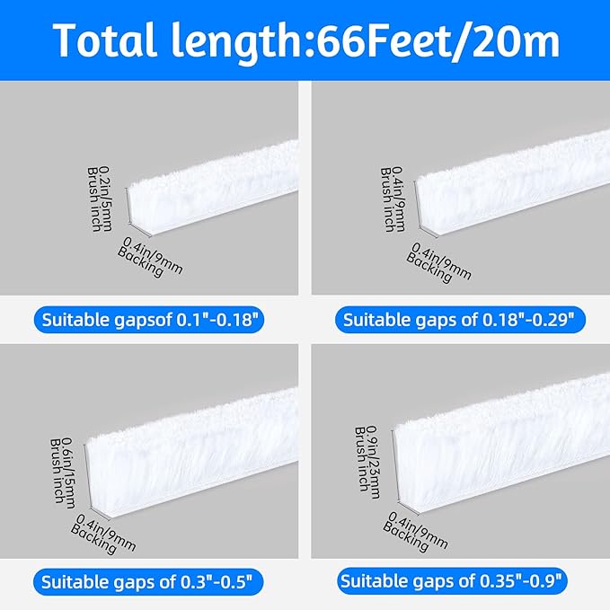 Weather Stripping Door Window Seal Strip 66 Ft,Selfadhesive Strong Adhesion,soundproofing,Draft Blocker,Dustproof,Suitable for Doors and Windows Cabinet Doors,0.4 Wide X 0.9 Inch Thick,White