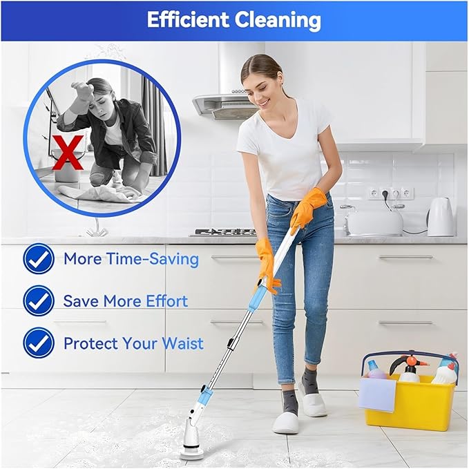 Compatible with TASVAC Electric Spin Scrubber,Cordless Cleaning Brush with 5 Replaceable Heads, Powerful Scrubbing for Bathroom, Tub, Tile, Floor, Kitchen(Blue,EU)