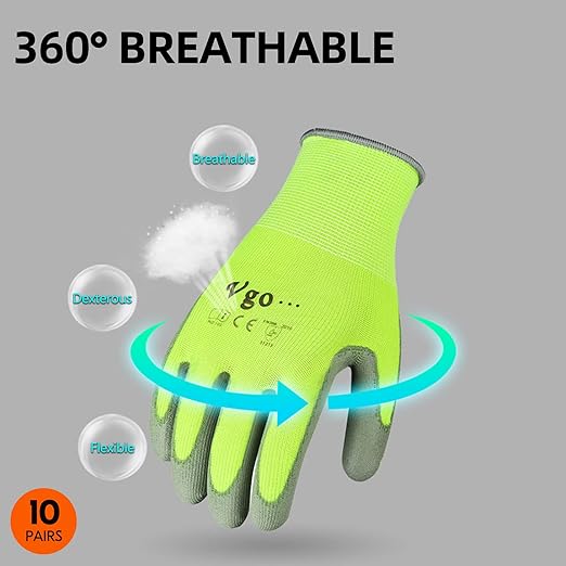 Vgo... 10-Pairs Safety Work Gloves, Gardening Gloves, Polyurethane Coated, Dipping Gloves, Latex Free (Size XL, Yellow, PU2103)