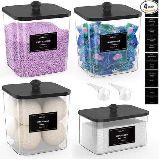 3+1 Pack Clear Laundry Pods Container & Dryer Sheet Holder, Plastic Square Laundry Room Organization and Storage Jars with Black Lids, Scoops & Labels for Detergent, Powder, Dryer Balls