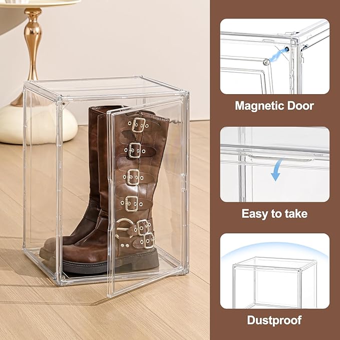 4 Pack XXX-Large Clear Display Case 17.7" x 13" x 13" Extra Large Display Organizer Box with Magnetic Door, Stackable Acrylic Storage Bin for Boots, Shoes, Collectibles, Bags, Figures