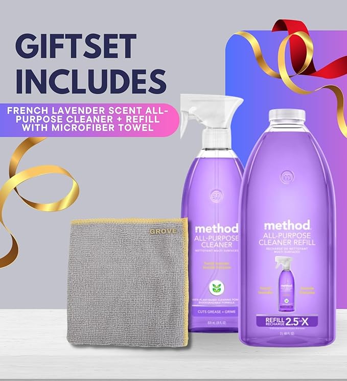 Method French Lavender Scent All Purpose Cleaner Spray 28 oz + 68 oz Refill Bundle with Microfiber Cloth - Multi Surface Cleaner Spray - Plant-Based Cleaning Power - Biodegradable Formula - (3 Items)