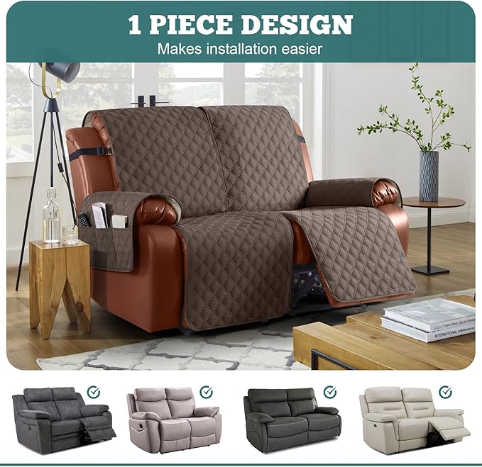 Ruaozz Waterproof Recliner Sofa Covers, 1-Piece Couch Covers for Reclining Couches Reclining Couch Cover Washable Furniture Protector with Elastic Straps Pocket for Kids Pets (Brown, XL 2 Seater)