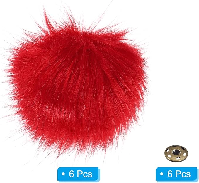 PATIKIL Faux Fur Pom Poms for Hats, 6 Pcs Fluffy Soft Fur Poms Balls with Snap Button for Keychain Knitting Hats DIY Scarves Gloves Bag Christmas, Red