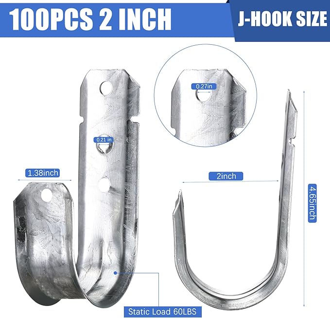 100 Pcs 2-Inch Cable Support, J Hooks Heavy Duty Galvanized Steel Cable Hook Wire Management J Hooks for Attaching Wall Mounting to Vertical Surfaces, Silver