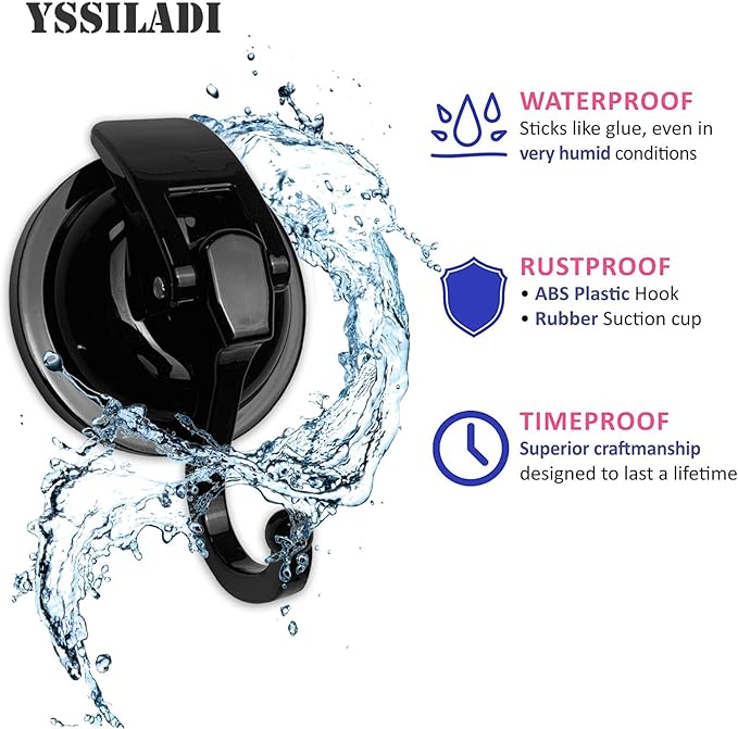 Heavy Duty Vacuum Suction Cup Hooks, ABS Plastic and TPU Rubber Shower Hooks, Bathroom Robe Hooks, Reusable, No Hole Punched, for Garland Decoration (Black, 2 Pack)