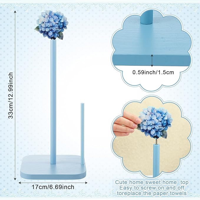 Leinuosen Blue Hydrangea Coquettish Cute Hydrangea Wooden Paper Towel Holder Blue Bathroom Countertop Accessories Kitchen Roll Stand Organizer Standing Apartment Decor Housewarming Gift