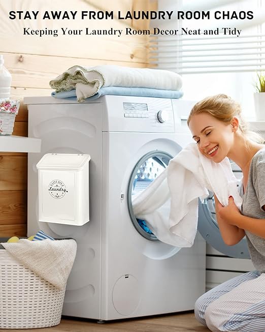 Magnetic Lint Bin for Laundry Room Organization and Storage with Brush, Wall-Mounted Dryer Lint Bin for Room Decor, Space-Saving Trash Can (Cream)