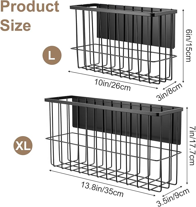 2 Pack Magnetic Laundry Basket - Dryer Ball Holder & Lint Bin Organizer for Refrigerator, Kitchen & Laundry Room Storage (L + XL, Black)