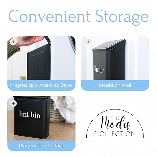 Magnetic Laundry Lint Bin for Dryer | Wall-Mounted Small Trash Can for Laundry Room | Includes Magnetic Hook & Lint Brush | Space-Saving Magnetic Laundry Trash Can | Matte Black