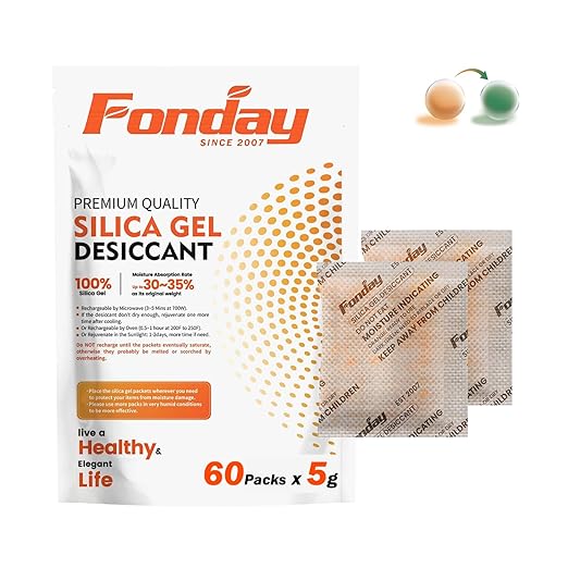 5g x 60 packs Fonday Rechargeable Silica Gel Desiccant Packets Food Grade Fast Reactivate Desiccant Bags Moisture Indicating Orange to Green