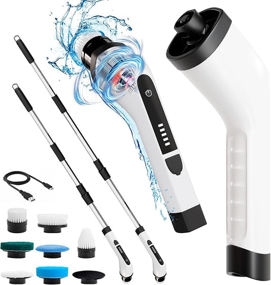 7-in-1 Electric Bathroom Scrubbing Brush, 2500 mAh. Pack of 12 Telescopic Bathtub Scrubber with Long Handle. Electric Bathtub Scrubber. Portable Power Brush for Cleaning Bathroom, Kitchen, Car