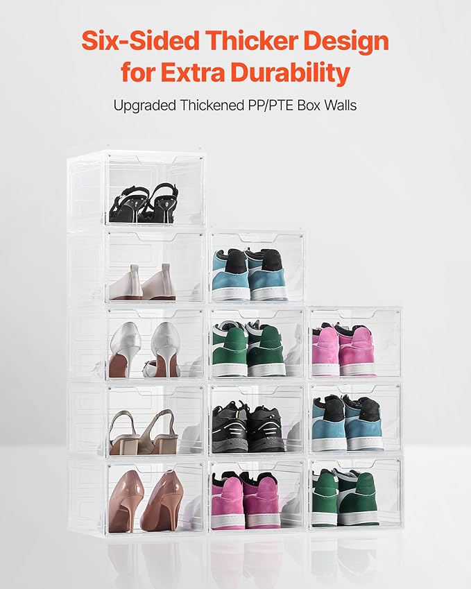 VEVOR Shoe Storage Boxes, 12 Pack Clear Stackable Shoe Boxes Storage Organizers with Magnetic Door, Fit up to US Size 13, Plastic Sneaker Containers for High Heels, Boots, and Hats, Transparent White