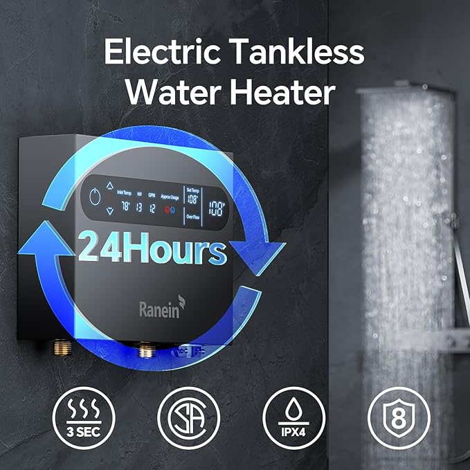 Ranein 13kW Tankless Electric Water Heater, 240V on Demand Instant Endless Water Heater with LED Temperature Display, Up to 3.1 GPM for 1-2 Point of Use