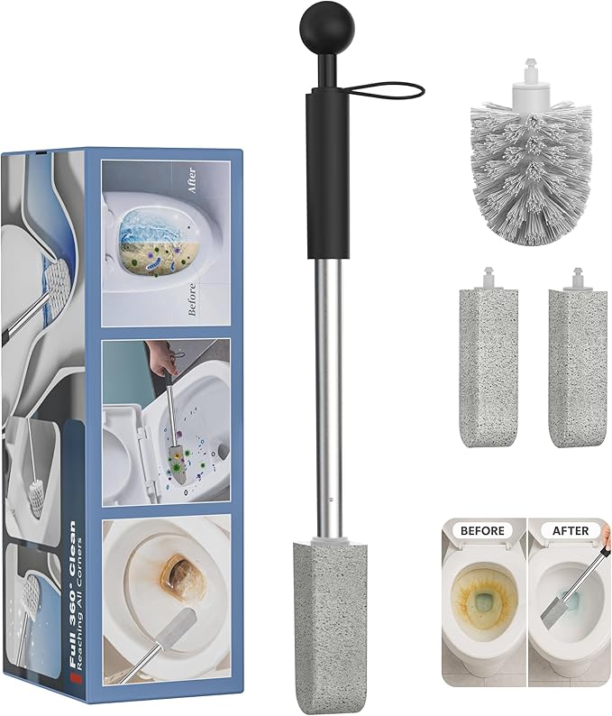 Toilet Bowl Cleaner Brush and Holder Set, Pumice Stone with Handle for Cleaning, 16.14 Inch Hard Water Stain Remover with 2 Different Types of Scrubbing Brushes, Wall Mounted Scouring Stick Household