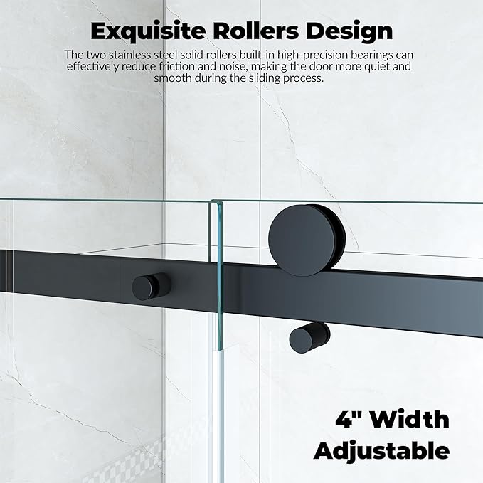 Glass Shower Door 56–60 inch W × 76 inch H,Sliding Frameless Shower Door with Square Stainless Steel Rail and 55mm Rollers,6mm Tempered Glass, Matte Black,Contemporary Shower Doors for Modern Bathroom
