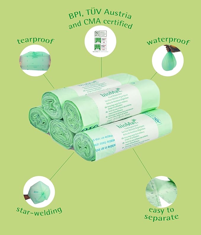 bioMat 64 Gallon Compostable Compost Bin Liners, 10 Count, Extra Large Kitchen Compost bags for Food Waste, BPI ASTM D6400 Certified Kitchen Food Scrap Waste Bags