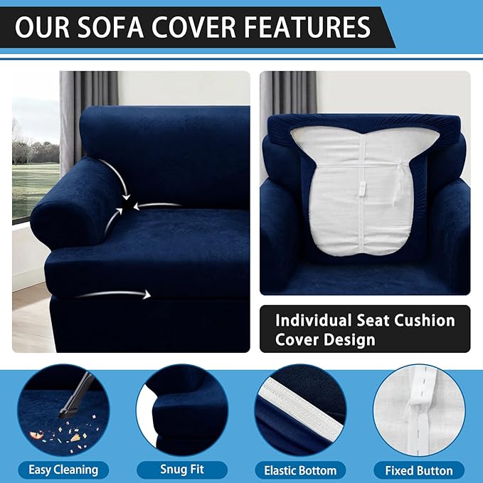 2-Pieces T Cushion Armchair Slipcovers Leather Look Couch Cover Chair Covers Stretch Furniture Protector Sofa Cover with 1 Individual T Cushion Seat Cover Slipcover Sets Washable, Navy