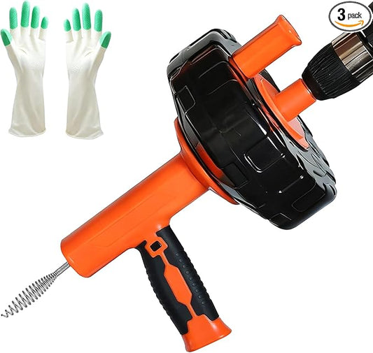 Auto Feed Drain Auger with Gloves, 33 Ft Drain Snake Hair Clog Remover, Heavy Duty Plumbing Snake Drain Clog Remover for Bathroom Sink, Bathtub Drain, Shower Cleaning