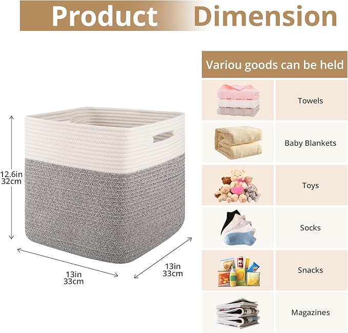 OIAHOMY 13 Kallax Inch Cube Storage Bins, 3-Pack Cotton Rope Woven Baskets for Organizing, Kallax Insert Storage Baskets for Shelves, Baby Nursery, Closet Organizer, 13 * 13 * 12.6IN, Grey & White
