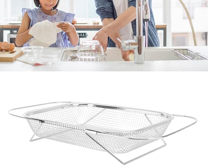 Over the Sink Colander, Expandable Baskets with Fine Mesh Strainer Handle Stainless Steel Rectangle Kitchen Colanders for Strain Drain Rinse Fruits Vegetables Pasta New Home Essentials (Silver)