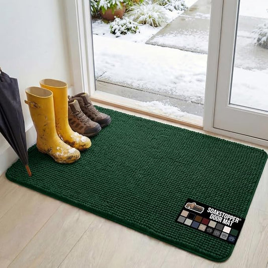 GORILLA GRIP SoakSTOPPER Dog Door Mat, 48x30 Machine Washable Rug Absorbent Doormat Captures Moisture Mud Dirt, Quick Dry Soft Chenille Entryway Rugs Indoor Entrance Mats for Dog Paws, Deep Green