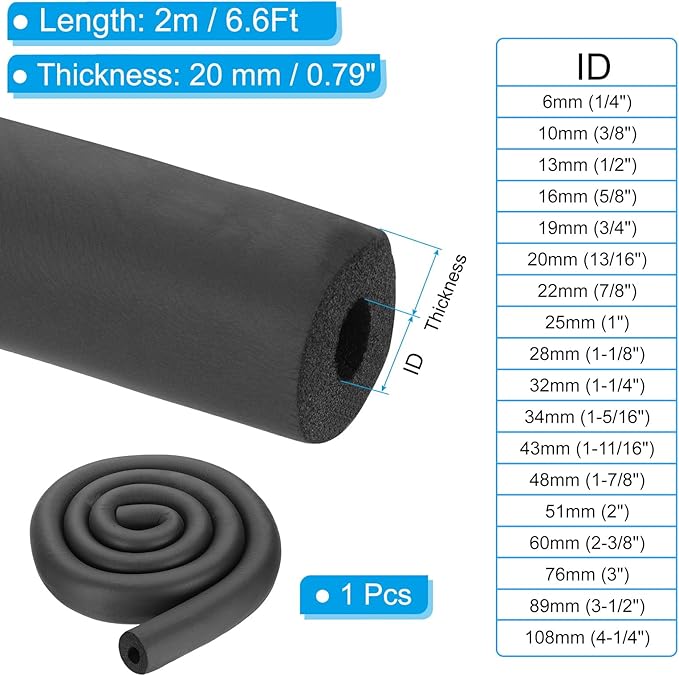 PATIKIL 13/16"(20mm) ID x 6.6Ft Pipe Insulation Foam Tube, Pipe Cover Wrap Roll Bar Padding Tubing for Handle Grip HVAC Outdoor Air Conditioner Units, Black