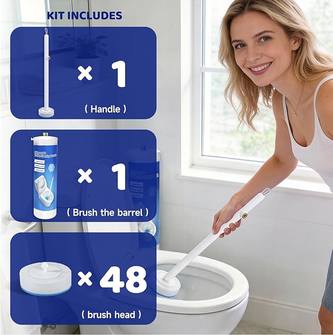 Disposable Toilet Brush, All-in-One Toilet Cleaning System,Toilet Bowl Wand Kit with 48 Count Scrubbing Pads Refills,Wall-Mounted,Compact,Multipurpose