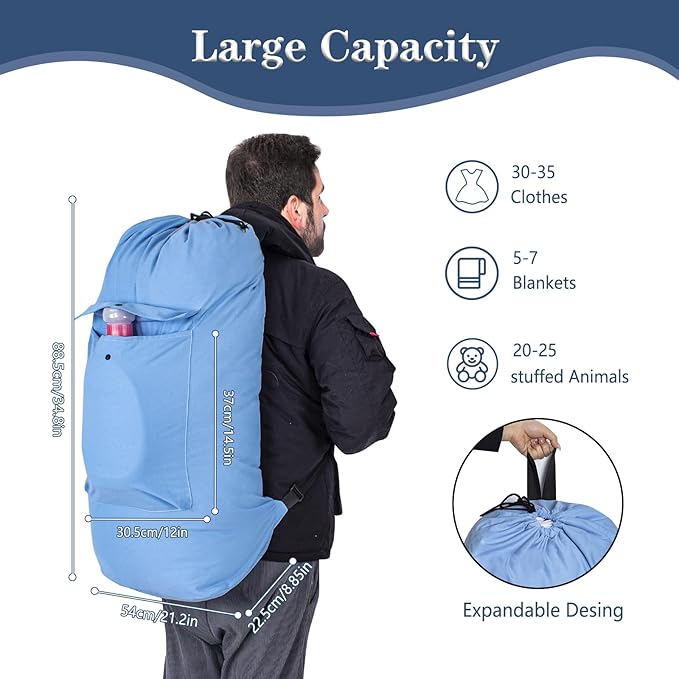 Sanlykate Canvas Backpack Laundry Bag - Extra Large Durable Dirty Clothes 2-3 Days Capacity with Adjustable Shoulder Strap & Front Pocket, for College Dorm, Apartment, Laundromats, Camping Travel