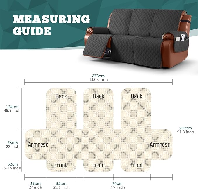 Ruaozz Waterproof Recliner Sofa Covers, 1-Piece Couch Covers for Reclining Couches Reclining Couch Cover Washable Furniture Protector with Elastic Straps Pocket for Kids Pets (Charcoal Grey, 3 Seater)