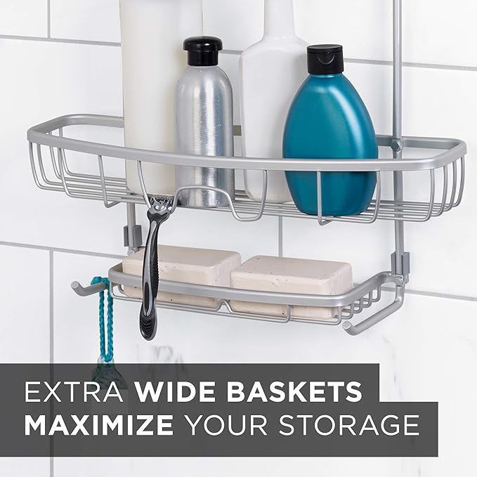 Zenna Home NeverRust Shower Caddy Hanging Bathroom Organizer, Aluminum Shower Rack with 2 Extra Wide Shelves and Built in Hooks, Over Shower Head Storage System, Satin Chrome