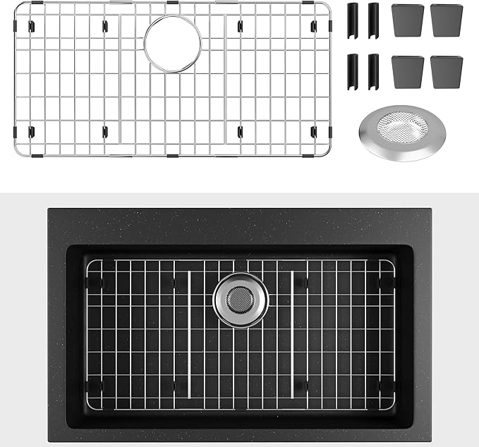 Stainless Steel Sink Protector 27.5" x 13.5" with Rear Drain, Metal Sink Rack for Bottom of Sink, Kitchen Sink Grate and Sink Protectors with Sink Strainer (27.5" x 13.5" - Rear Drain)