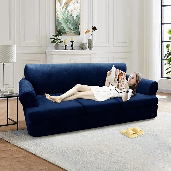 4-Piece T Couch Cover - Leather Look Slipcovers for 3 Cushion Sofa, Washable, Navy