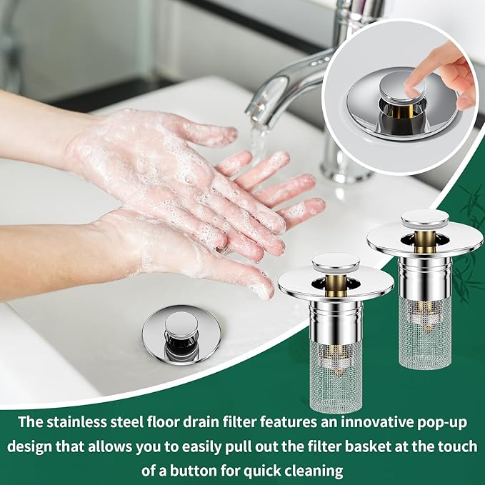 3 in 1 Sink Drain Strainer with Hair Catcher,8PCS Stainless Steel Popup Sink Stopper with Basket for Bathroom Kitchen Shower,Pop-up Bounce Core Floor Basin Drain Filter,Replacement Sink Plug
